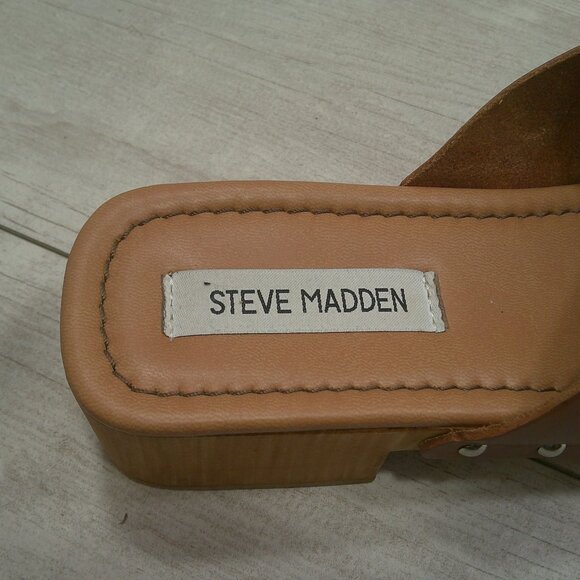 Steve Madden Reto Style Leather Bryna Crisscross Wooden Platform Sandals Size 10 - Picture 6 of 14